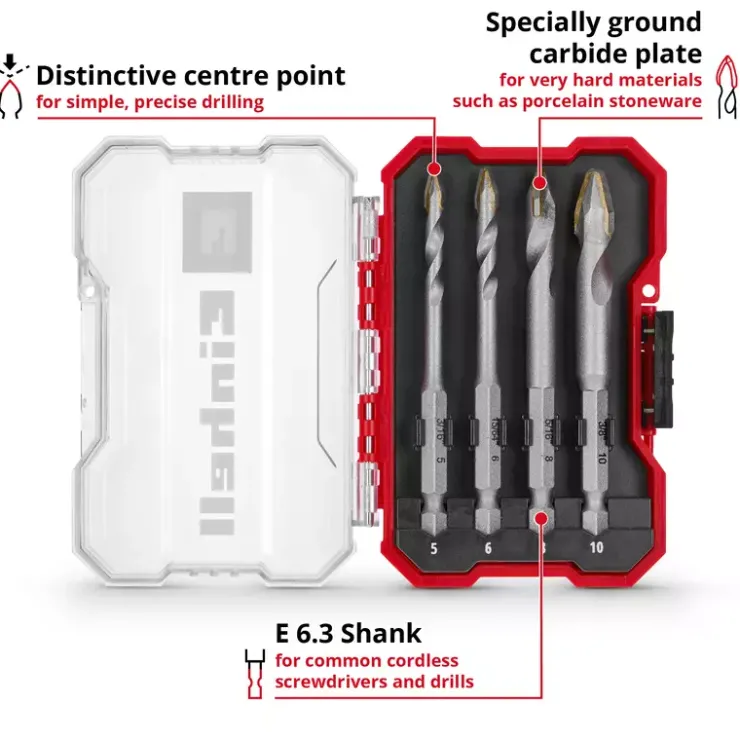 Discount XS-CASE 4-pc. TCT Tile Drill Bit Set, Ø 5–10 mm Drill / Screwdriver Accessories